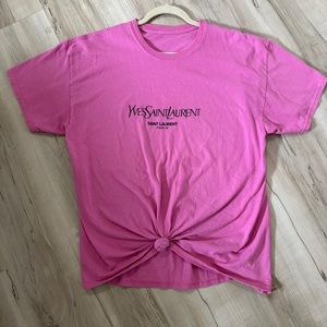 YSL Logo Printed Unisex Women's Pink Size Large Black Script Logo T-shirt ~SALE~